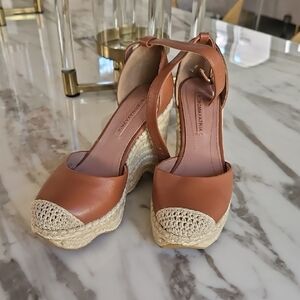 BCBGMaxAzria Tan Leather Wedge Espadrilles with Ankle Strap